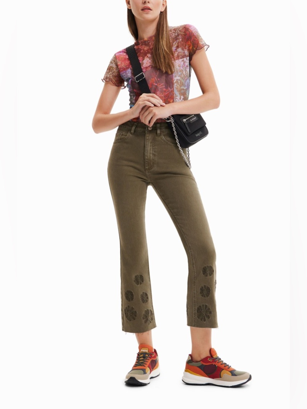 Desigual Embroidered Cropped Flare Jean Contrast Stitch Green‎ Size 42/10